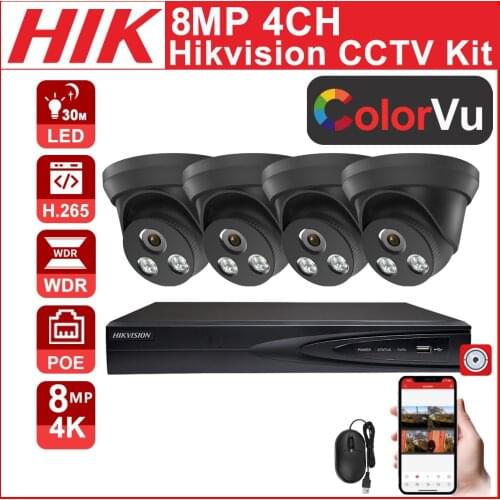 Hikvision 5MP POE CCTV Security HD IP Camera Video Surveillance Kits 4CH 4K NVR DS-7604NI-Q1/4P APP Colorful Night Vision black