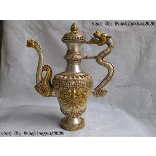 Chinese White Copper Bronze Silver Gilt Royal Palace Dragon Head Flagon Wine Pot