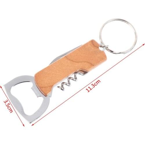 Multifunctional Beer Opener Keychain Stainless Steel Wine Opener Bar Party Accessories Multitool Wooden Handle Corkscrew