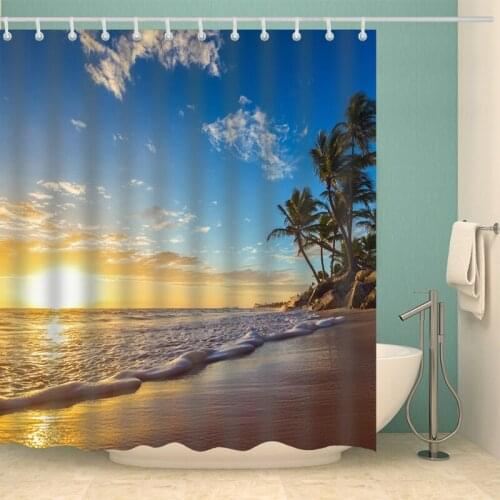 Sunset by the Sea Shower Curtain Set with 12 Hooks Natural Plants Bathroom Decoration Washable Polyester Fabric