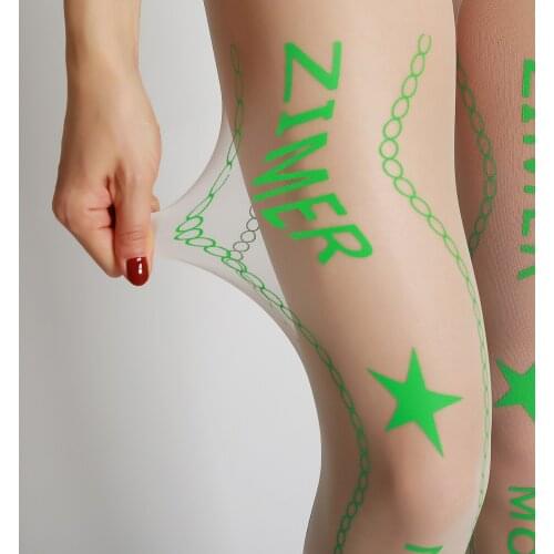 Mozimer New Fashion Designs Sexy White Green Letters Print Tights High Quality Transparent Colorful Pantyhose Womens Stockings