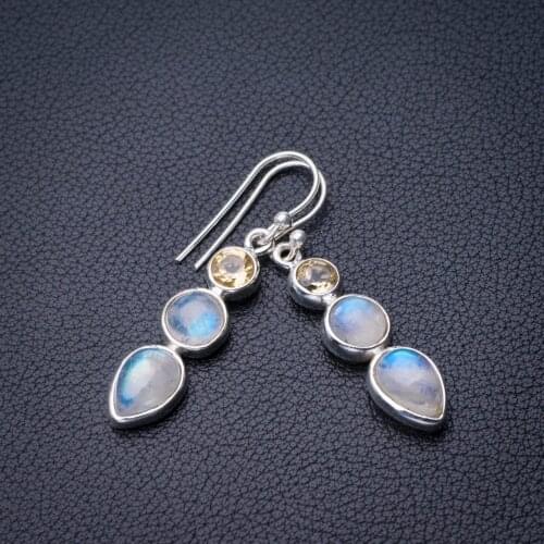 StarGems Natural Rainbow Moonstone And Citrine Handmade 925 Sterling Silver Earrings 1.5" D7220