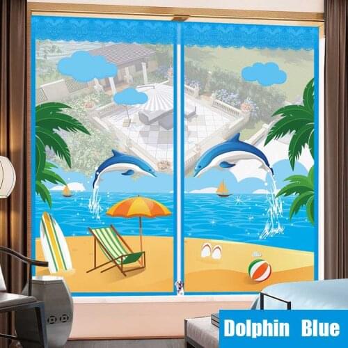 Cartoon Beach Dolphin Door Window Mesh Screen Zipper Opening Yarn Air Tulle Fly Mosquito Net Curtain Remove Washable