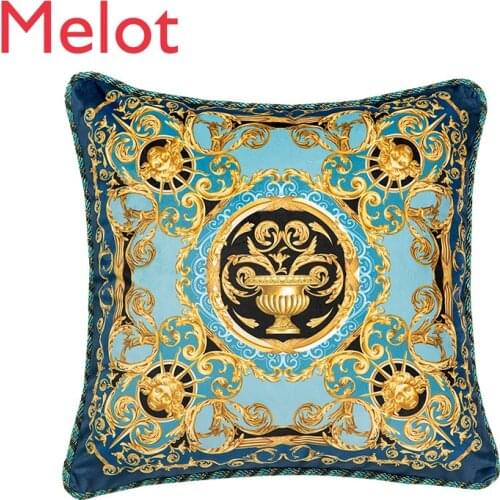 Blue Gold Vintage Cushion High-End Luxury Printed Plush Sofa Cushion Thick Soft Jacquard Velvet Pillow Simple Decorative Pillow