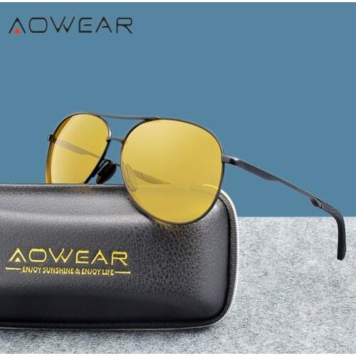 AOWEAR Brand Designer Night Vision Glasses Men Yellow HD Night Driving Day Night Polarized Pilot Sunglasses For Rainy Fog Day