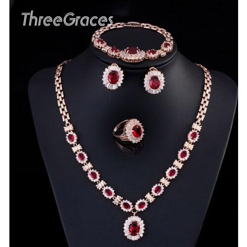 ThreeGraces Green Cubic Zirconia Crystal 4pcs Necklace Bracelet Earrings Ring Jewelry Set for Women African wedding Gift JS167