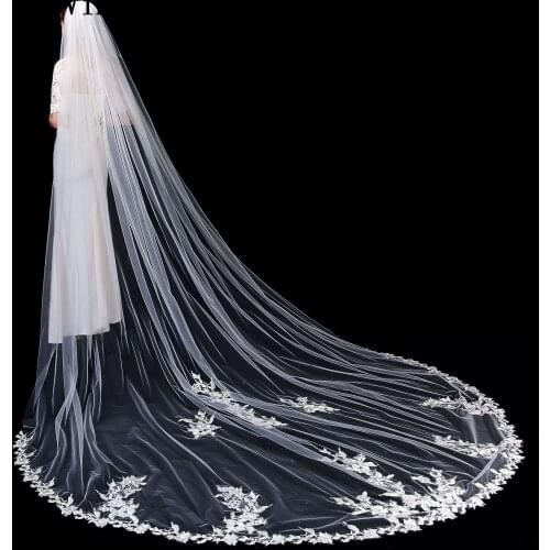 JaneVini Vintage One Layer Cathedral Ivory Bridal Veil with Comb Lace Appliques Edge 3.5M Long Wedding Veils Wedding Accessories