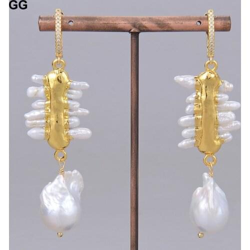 GuaiGuai Jewelry Natural White Biwa Pearl White Toothpick Drop Keshi Pearl Gold-plating Dangle Earrings For Women Lady Jewelry