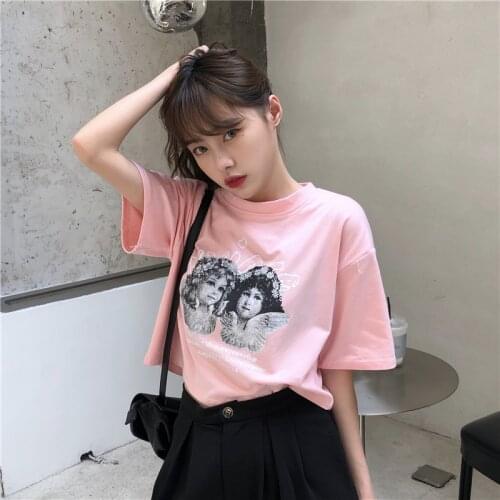 Female Korean Harajuku Retro Lazy Angel Short Sleeve T-shirt Womens T-shirts Tops Japanese Kawaii Ulzzang Clothes For Women