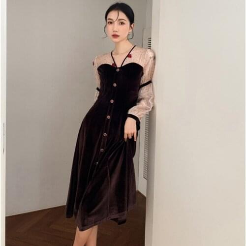 Women Vintage Organza Rose Embroidered Velvet V-neck Hepburn Style Dress 2021 Spring And Autumn New Female