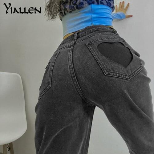 Yiallen Women Chic Heart Shaped Y2K High Waist Gradient Jeans Baggy Harajuku Straight Pants Vintage Denim Streetwear Trousers