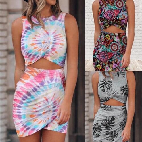 Irregular Tie Dye Printed Sundress Women Sleeveless Summer Tank Dress Street Wear Fashion Hollow Out Lady Mini Bodycon Dress D30
