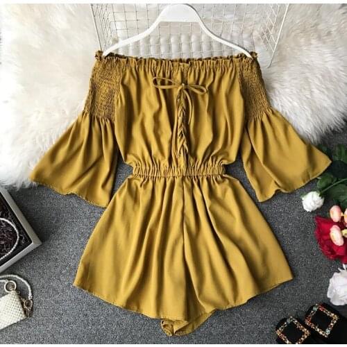 Womens summer elastic bust slash neck Playsuits Ladys sexy off shoulder Wide leg shorts Jumpsuits TB1303
