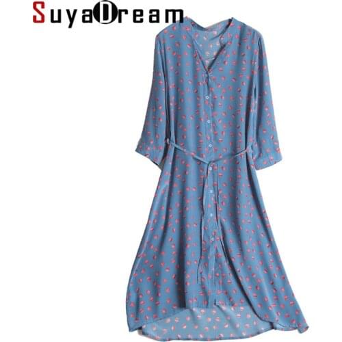 SuyaDream Woman Long Dress 100%Silk Crepe DOT Print 3/4 Sleeves Sashes French Shirt Dress 2021 Spring Elegant Blue Dresses