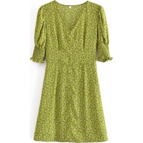 Casual Floral Printed Dress Women V Neck Puff Sleeve Zipper High Waist Flods Dresses Summer Vintage Slim Beach Dress Vestidos