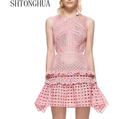 SHTONGHUA 2019 Self Portrait Summer Women Sleeveless Water Soluble Lace Hollow Out Irregular Ruffles Bottom Pink Mini Sexy Dress