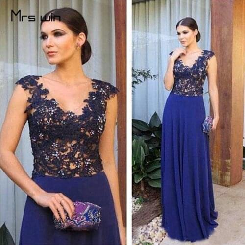 Mrs win Evening Dress For Women V-neck Royal Blue Evening Dresses Plus Size Beading Lace Formal Gowns Long robe de soiree HR409