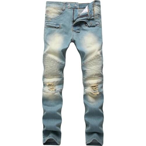 2019 Autumn men ripped jeans slim fit denim pants tiedye jeans men pleated motorcycle biker jeans hip hop strech for man