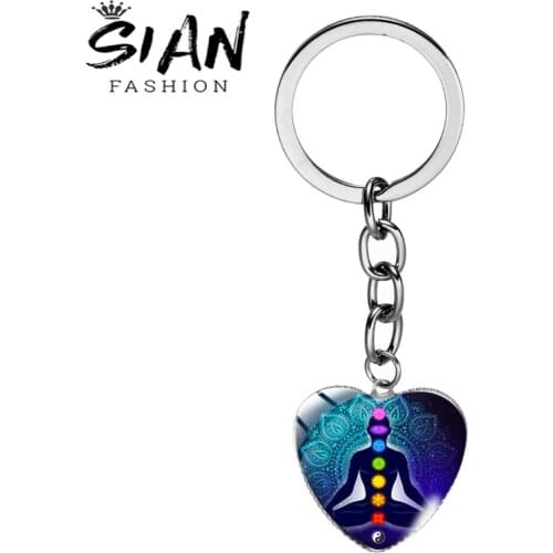 SIAN Seven Chakra Theme Art Key Chain Pendant Glass Dome Heart Long Keyring Handbag Souvenir Gift or Car Keychain Trendy Trinket