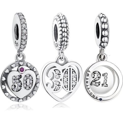 BELAWANG European 100% 925 Sterling Silver Heart 30 Years Age CZ Charms Fits Brand Bracelets Pendant For Women DIY Fine Jewelry