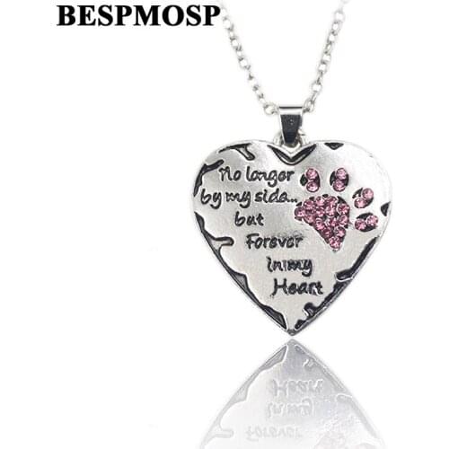 Bespmosp 24PC/Lot Wholesale Pink Crystal Necklace"No Long By My Side But Forever In My Heart" Statement Jewelry Vintage Necklace