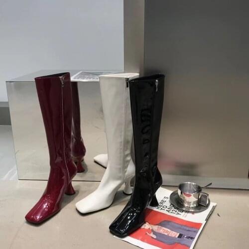 Square Toe Women Martin Boots Patent Leather Thin High Heels Wine Red Black White Chelsea Side Zipper Fashion Winter Knight Boot