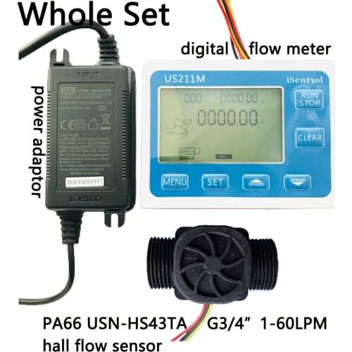 US211M Digital Flow Meter and USN-HS43TA G3/4" Totalizer Flow Measurement with Nylon Water Flow Sensor Turbine Flowmeter iSentro
