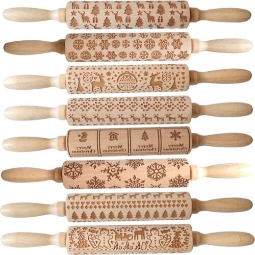 3D Engraved Embossing Rolling Pin Wooden Baking Roller Cookies Biscuit Fondant Cake Dough Engraved Rolling Pins Decorating Tools