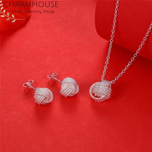 Charmhouse Silver 925 Jewelry Sets For Women Mesh Ball Pendant Necklace + Earrings 2 pcs Costume Jewelry Set Accessories Bijoux
