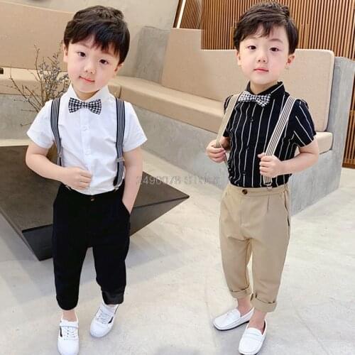 Boys School Uniform Kids Formal Strap Shirt +Pants Clothing Set Children Birthday Dress Girls Performance Wedding Party Costume