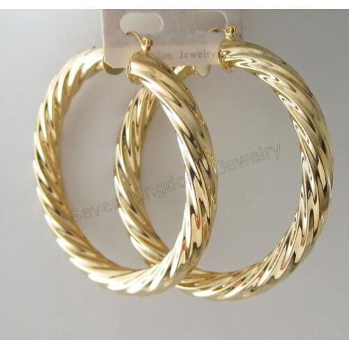 MIN ORDER ONE PIECE /BIG BAND 8MM TWIST - YELLOW GOLD /STERLING SLIVER GP OVERLAY FILL BRASS HUGE HOOP 70MM 2.76" EARRING