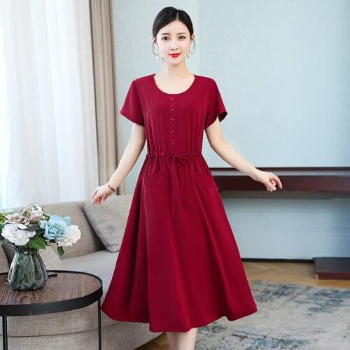 New Women Summer Long Slim Dresses Middle-aged Ladies Short Sleeve Elegant Red Cotton Dress Female Vestidos Brand Women Clothing