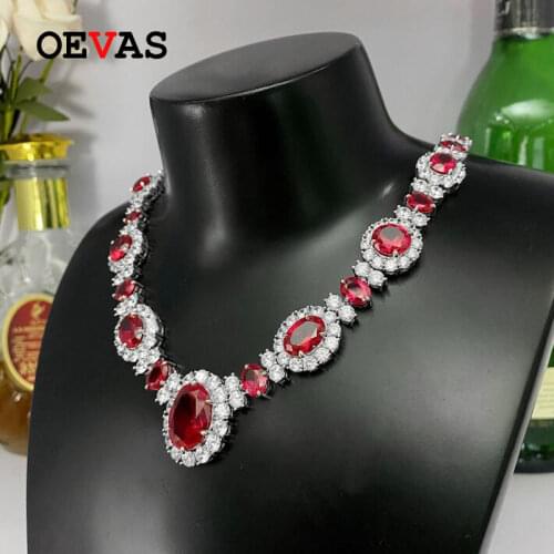 OEVAS 100% 925 Sterling Silver Lab Grown Ruby Bridal Necklace Sparkling Full High Carbon Diamond Wedding Party Fine Jewelry Gift