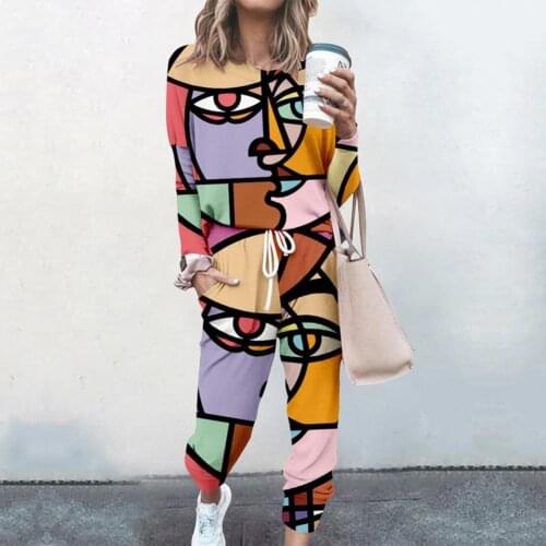 Pullovers Women Tracksuit Thin Stretchy O Neck Abstract Print Drawstring Sweat Suit for Home