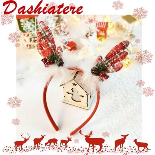 Christmas Hair Band Girls Children Xmas Headband Berries Pine cone Tree White Feather Decoration Red Plaid Antler Headpiece