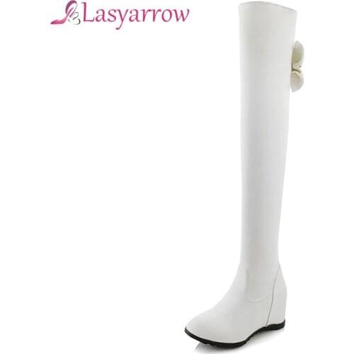 Lasyarrow Woman Over Knee Boots Wedges Bow Tie Woman Winter Long Boots Sweet Fashion Winter Shoes Woman Footwear Size 33-43