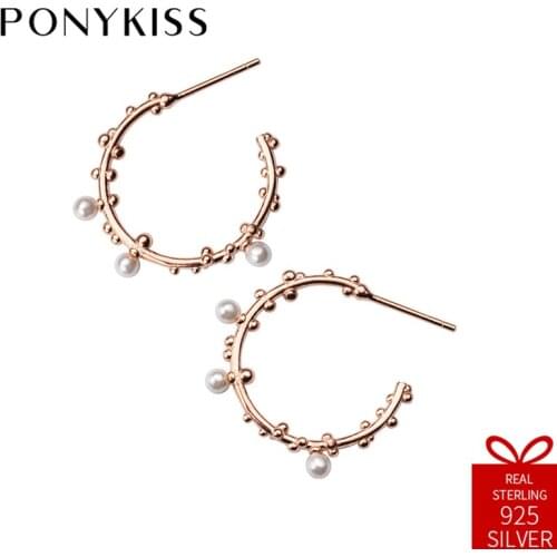 PONYKISS Romantic S925 Sterling Silver Chic Sweet Pearl Round Circle Hoop Earrings Women Anniversary Jewelry Valentines Day Gift