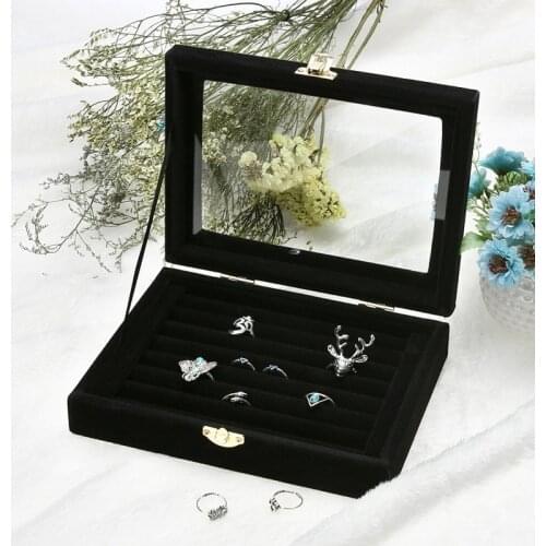 Fashion Ring Earrings Jewelry Box Display Storage Velvet Jewelry Case Casket Glass Cover Jewelry Organizer Holder Rack