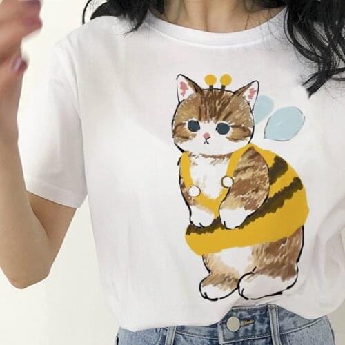 FIXSYS Ladies Harajuku Casual Tshirts Summer Cute Funny Cat Bee Graphic Printed Women T-shirt 90S Girls Short Sleeve Tops Tee