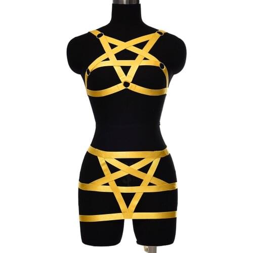 Pentagram Goth Sexy Body Cage Belt Yellow Bodysuit Hollow Bondage Body Set Open Chest Lingerie Harness Bra Panties Set