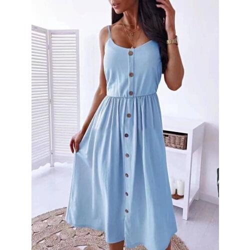Summer Dress Femme Robes Women Solid Color A-Line Dresses Single-Breasted Sling Sleeveless Casual Long Dress For Women Vestidos