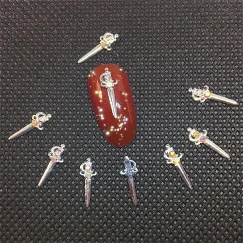 10Pcs AB Nail Art Decoration Jewelry with Diamond Knight Silver Metal Nailart Supply Shiny Rhinestone Bling Charm Sword Manicure
