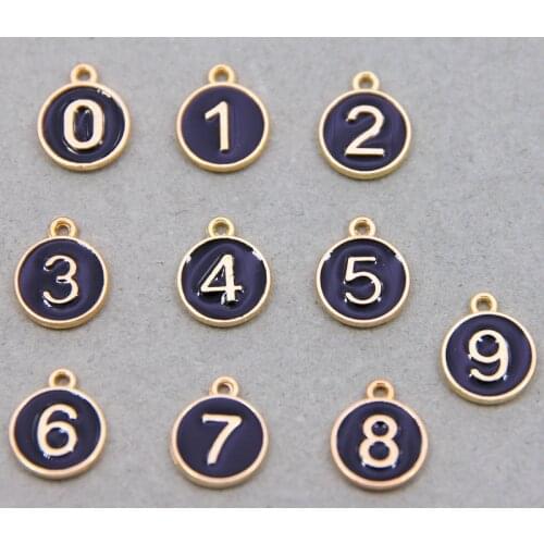 10PCs 12*15mm Zinc Based Alloy Black Enamel Charms Pendant Round Gold Color DIY Findings White Number Message " 0~9 "