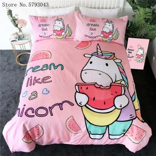 2/3 Pieces Eating Watermelon Unicorn Bedding Set 3D Print Cartoon Pink Duvet Cover For Bedroom Bed Quilt Cover Home Bedspread