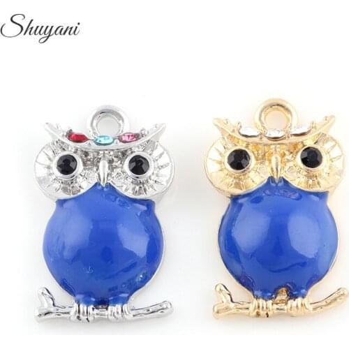 27*16mm Alloy Metal Owl Charms Silver Rhinestone Blue Crystal Owl Charms Pendant for Jewelry Making Accessories