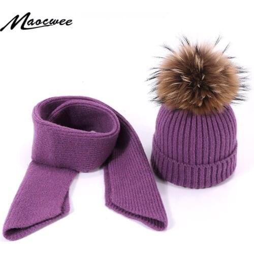 New 2 Pieces Winter Real Fur Pompon Wool Hat Scarf Set For Children Knitted Cotton Baby Girls Boys Accessories Hats Scarves Set