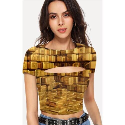 Somepet Abstract T shirt Women Psychedelic Tshirt Printed Golden Navel Bare Short Sleeve Hip Hop New Slim Tops