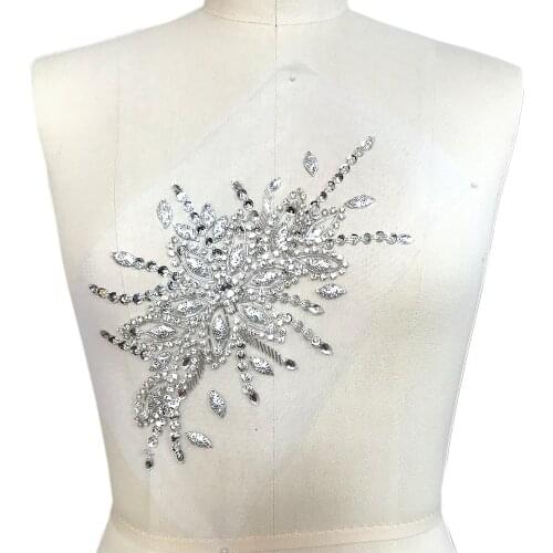 EXQUISITE 16x28cm Silver Crystal Sew-on Rhinestones Patches Applique for Beaded Wedding Waist Chest Dress Accessories Decoration