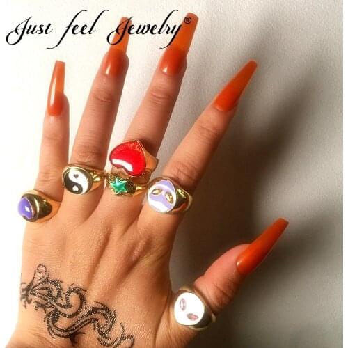 JUET FEEL Cute Korean Metal Enamel Ring For Women Girls Fashion Gold Silver Color Heart Alien Pentagram Rings Statement Jewelry