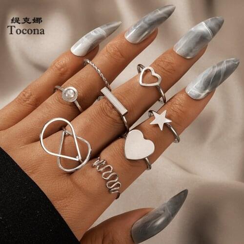 Tocona 8pcs/sets Simple Heart Joint Ring Sets for Women Charms Hollow Out Star Geometry Alloy Metal Party Jewelry Anillo 19715